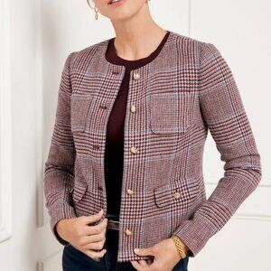 Talbots Shetland Crop Jacket Autumn Plaid Size 14 Burgundy Wool Blend Blazer